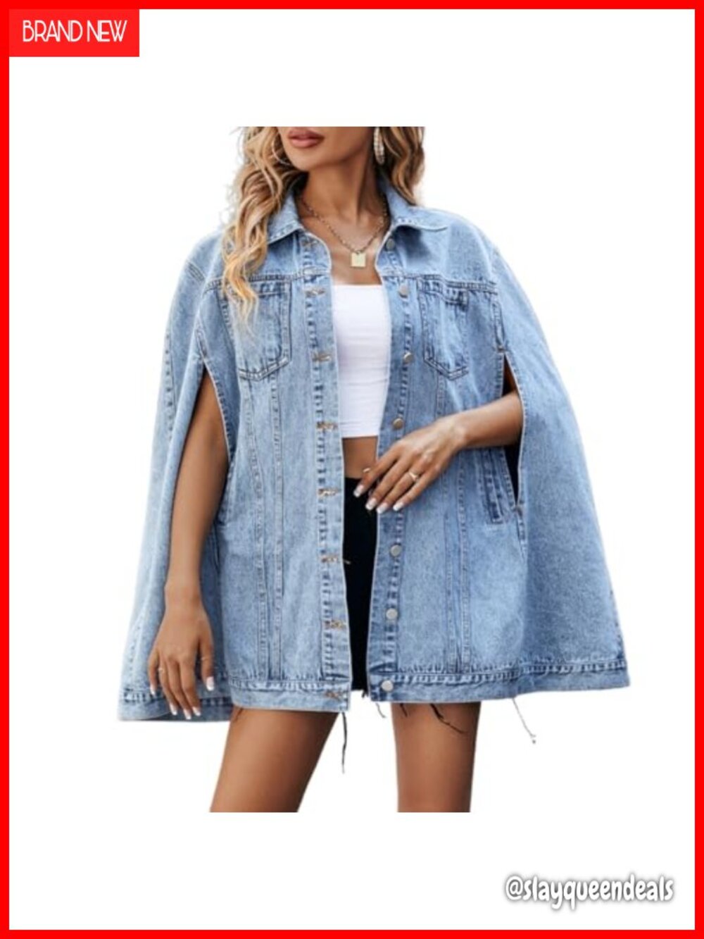 Women's Distressed Oversized Sleeveless Buttoned Cape Denim Jacket